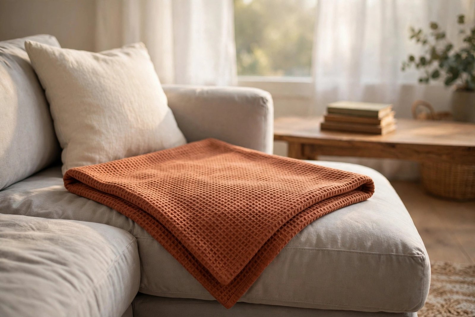 Waffle throw blanket styled diagonally across a grey couch seat corner