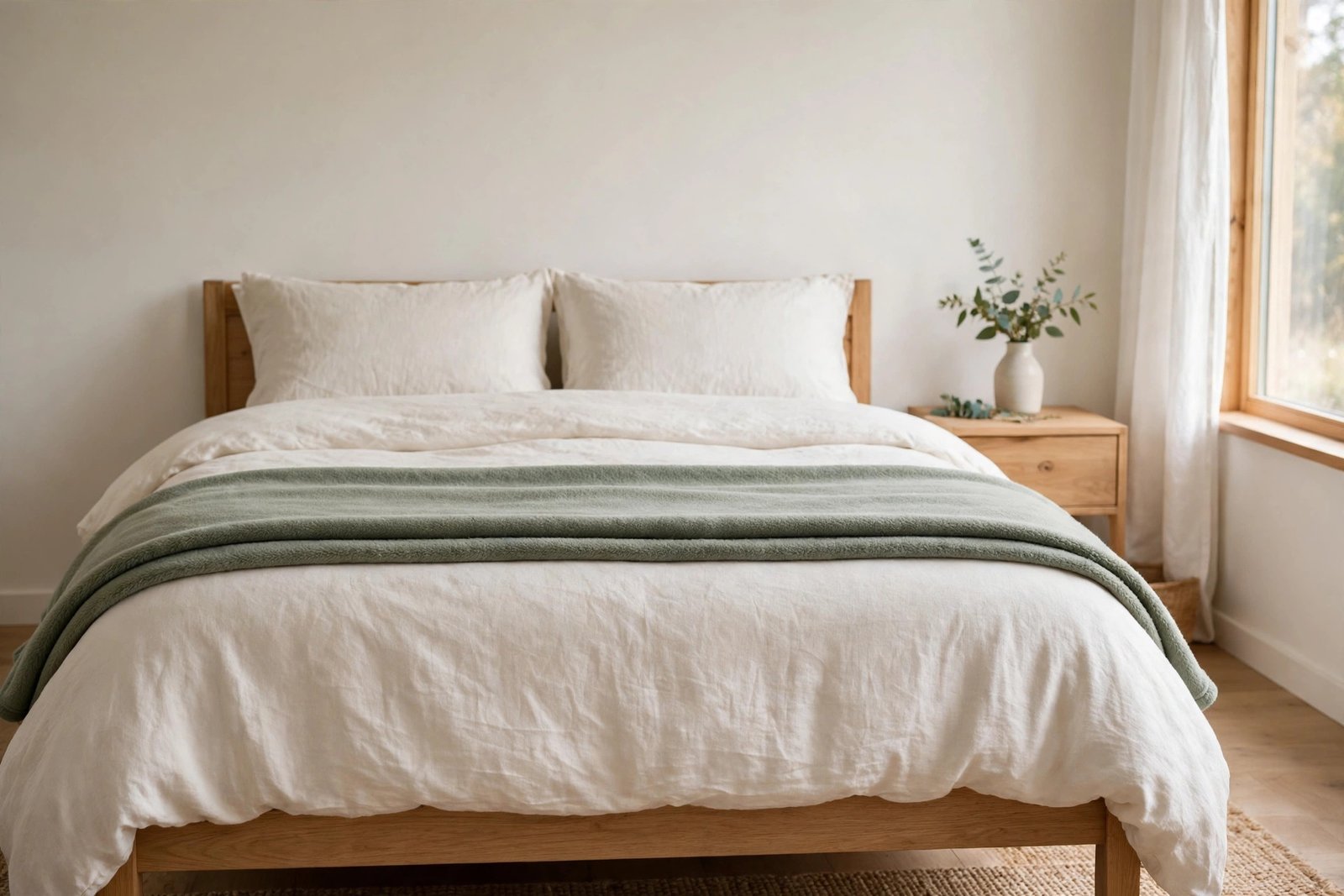 Green throw blanket folded as a runner across the foot of a white linen bed