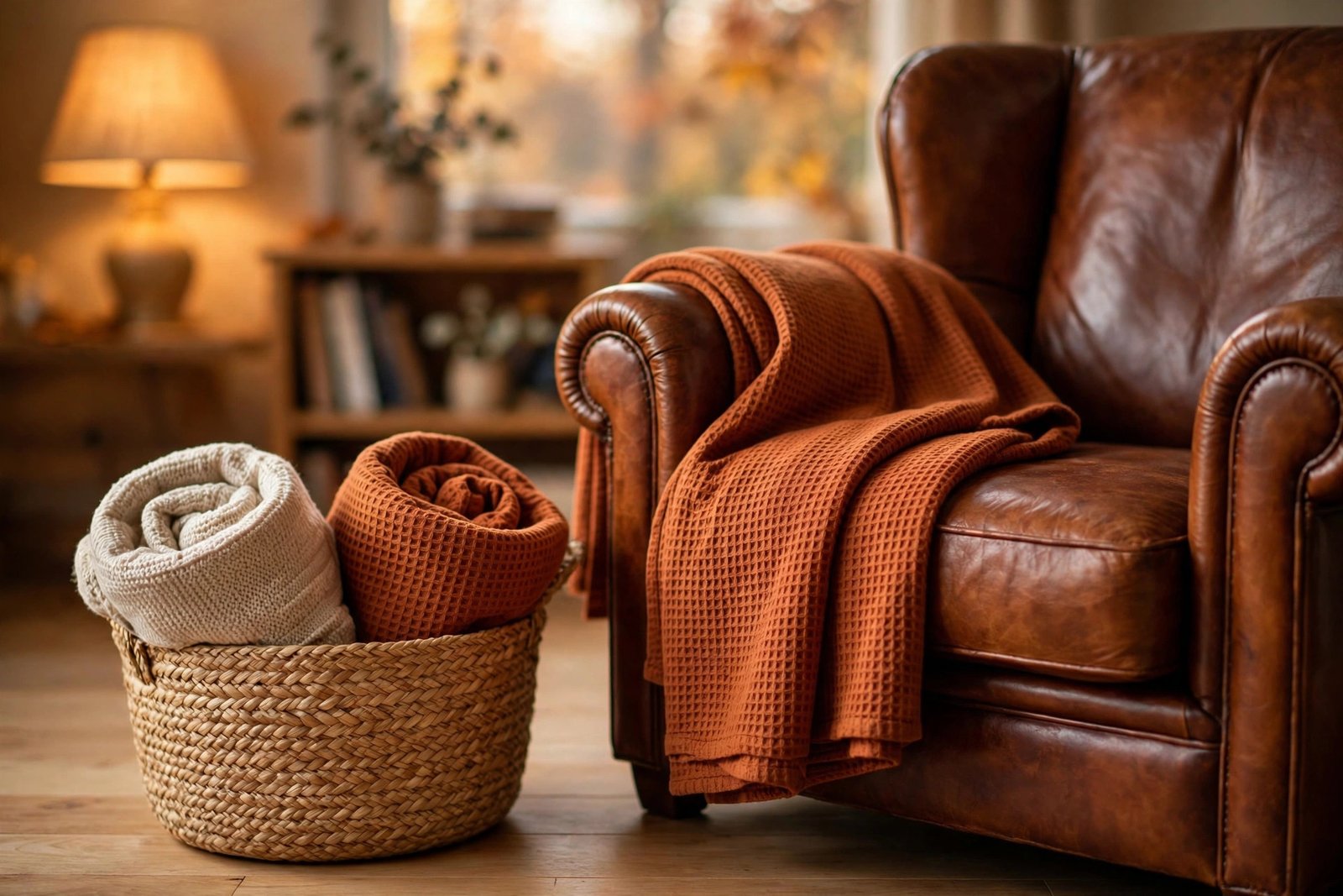 Basket of rolled throw blankets beside a leather armchair with a styled throw