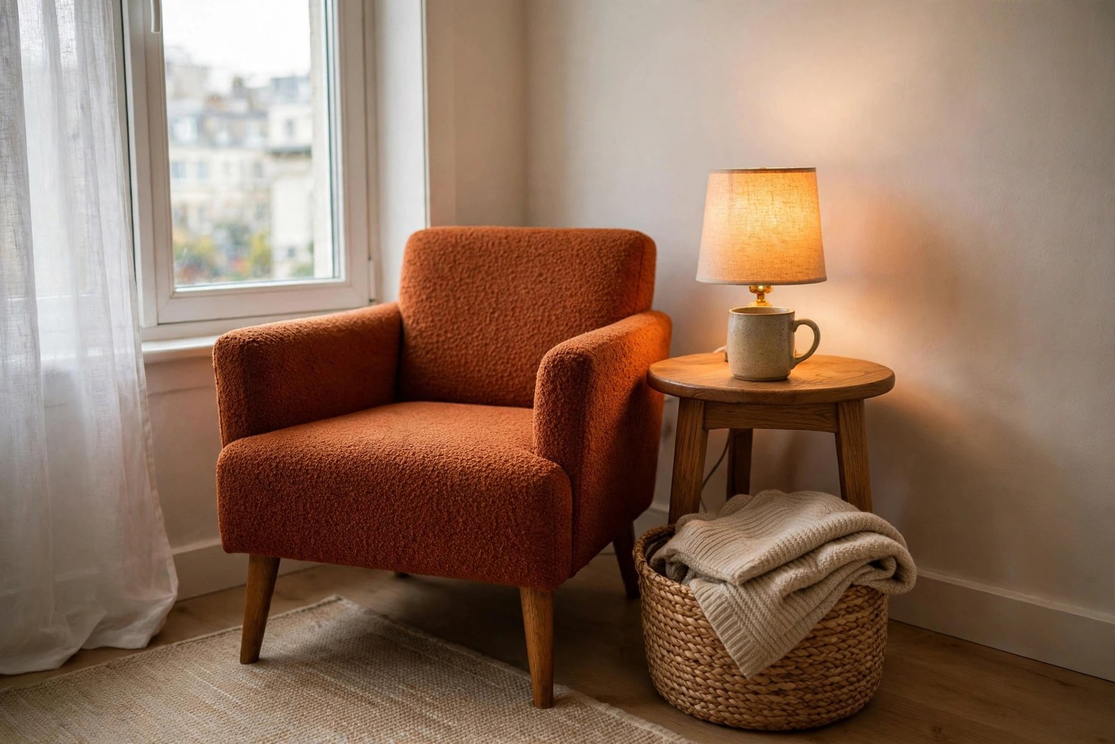 Angled armchair with side table and warm lamp creating a cozy reading zone in a small living room
