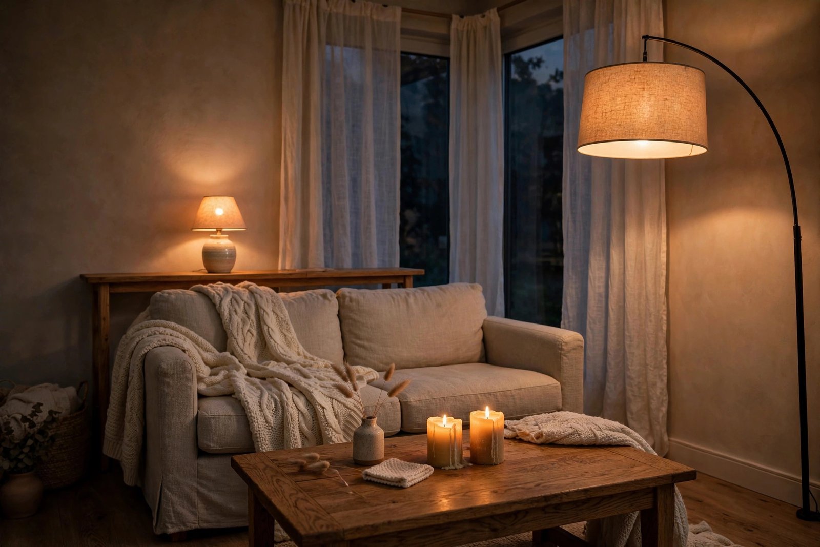 Small living room at dusk lit by three warm light sources — floor lamp, table lamp and candles, no overhead lighting
