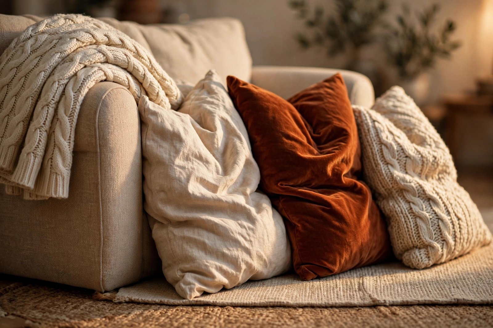 Layered knit throw and mixed-texture cushions on a loveseat over a double-layered rug in a cozy small living room