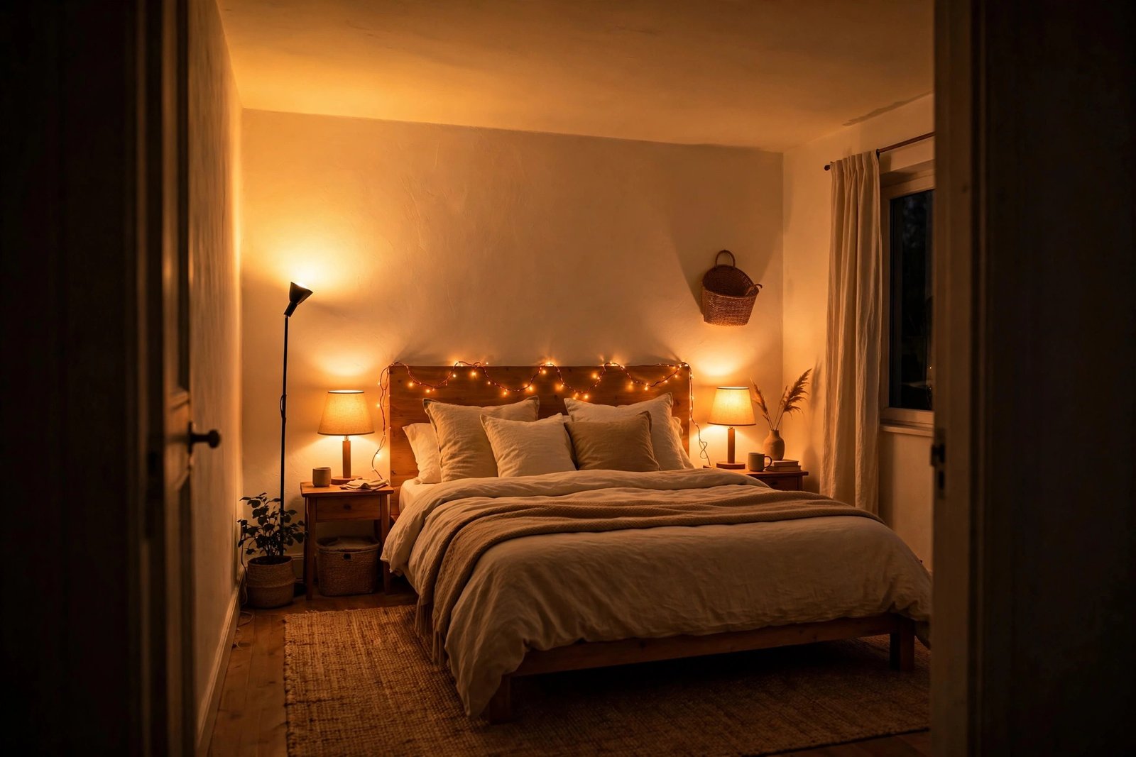 Small bedroom with layered warm lighting — floor lamp, bedside lamps and fairy lights