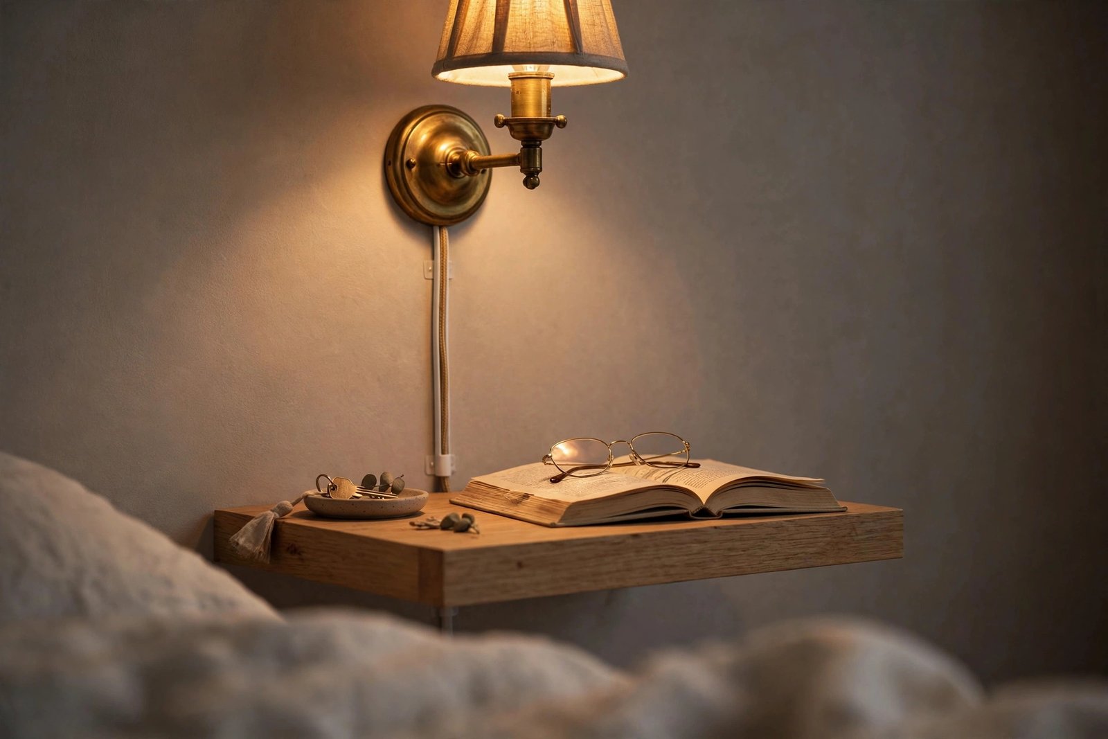 Plug-in wall sconce giving warm reading light in a bedroom with no ceiling light