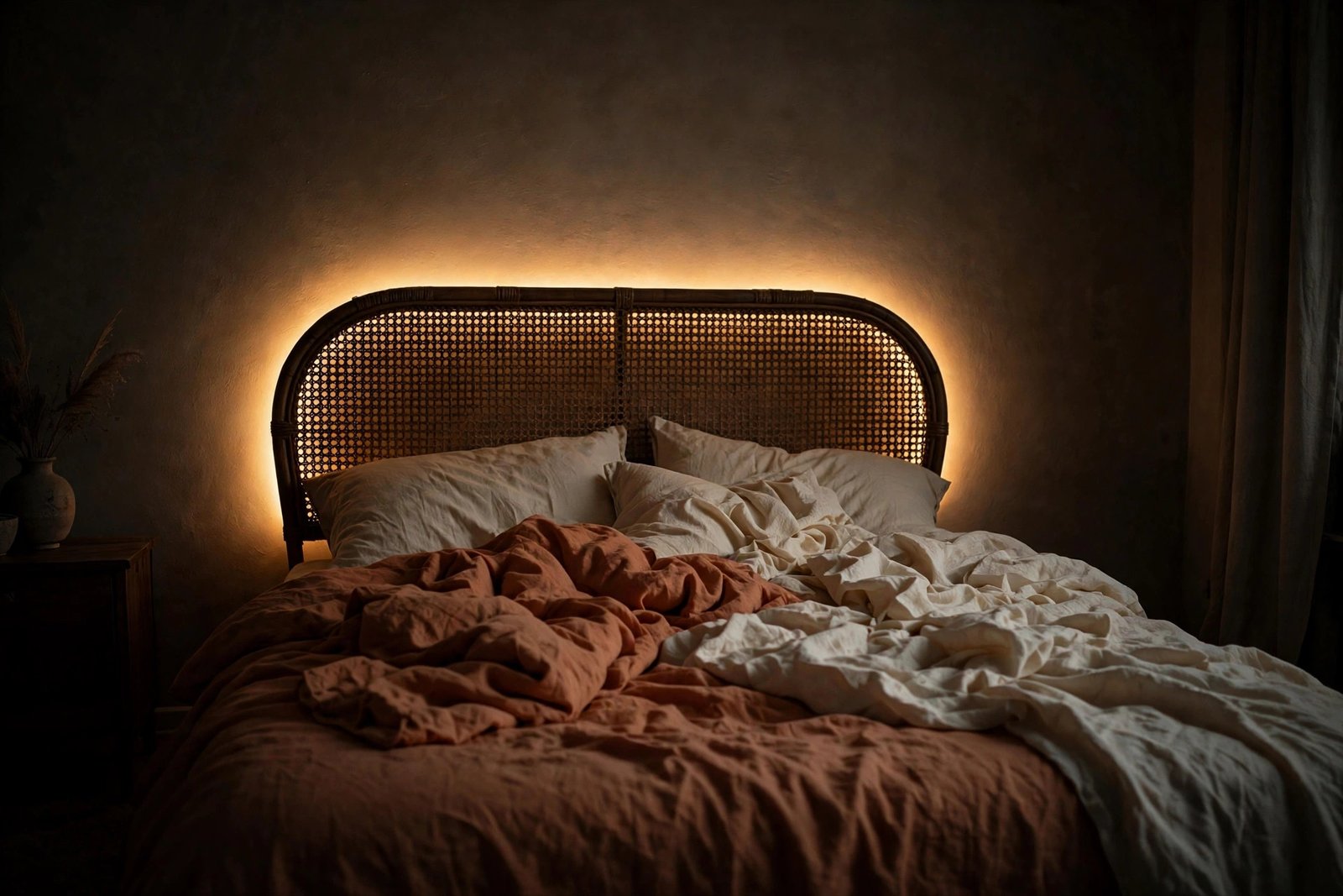 Warm LED strip light glowing behind a rattan headboard in a cozy bedroom