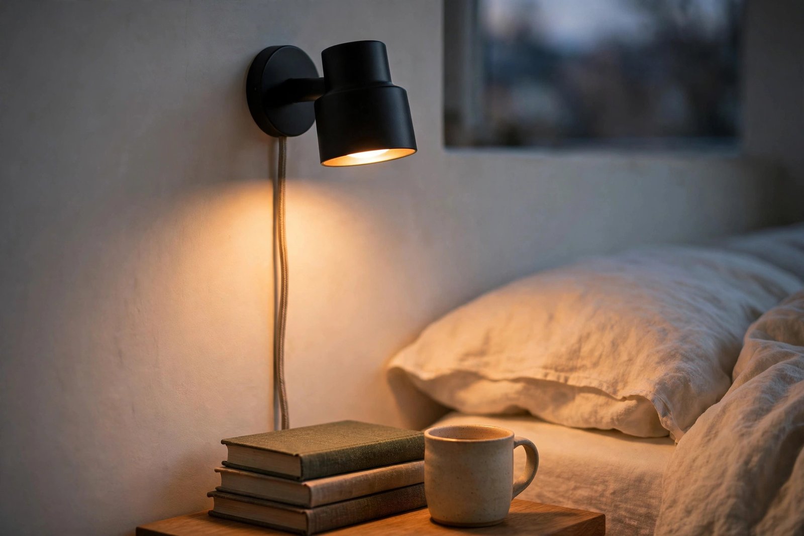 No drill bedroom decor — plug-in wall sconce with cord cover giving warm bedside light without wiring