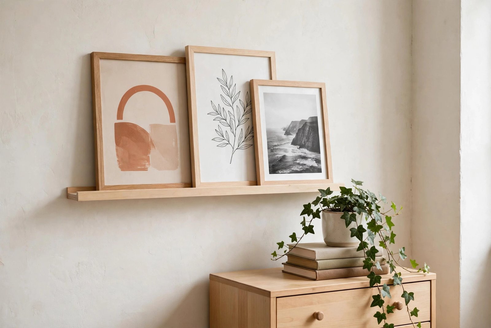 Renter friendly bedroom decor ideas — picture ledge gallery wall hung without nails using adhesive strips