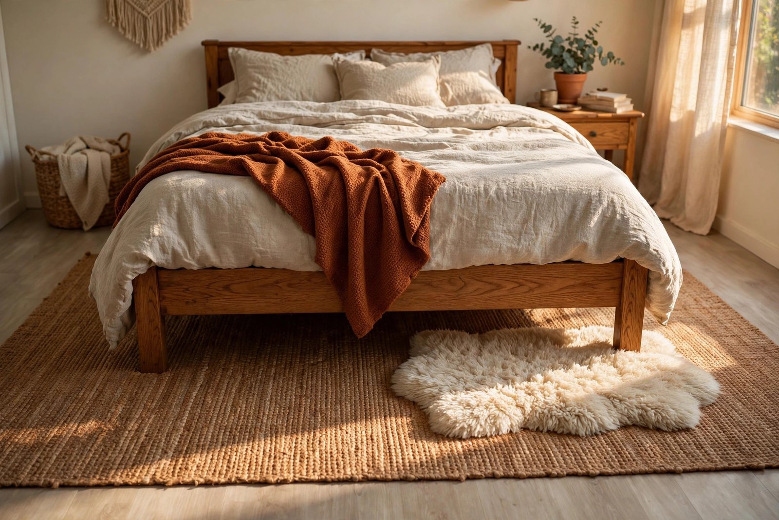 Rental bedroom ideas — layered rugs warming up plain rental flooring without permanent changes