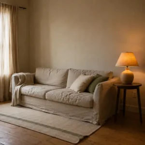 A rental living room warmed up with a rug, curtains and low lamps