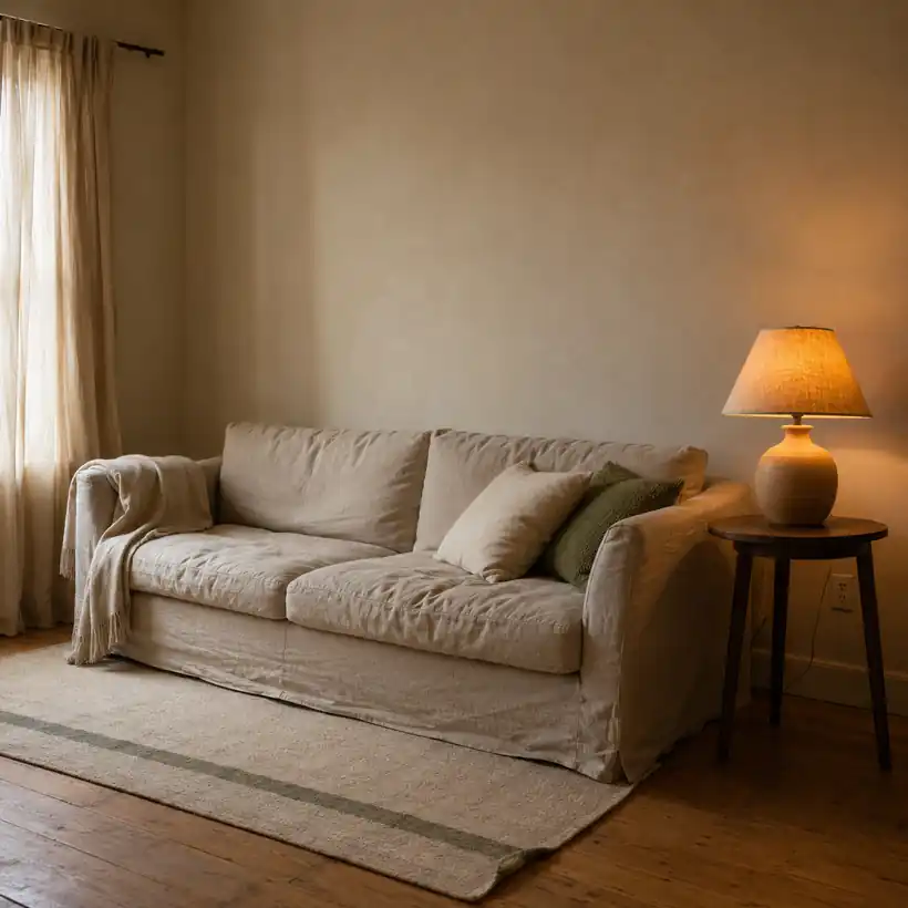 A rental living room warmed up with a rug, curtains and low lamps