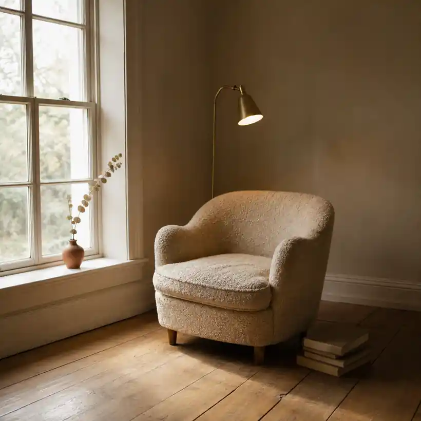 A small corner turned into a reading nook with an armchair and a floor lamp