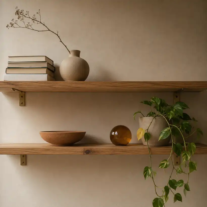 A bookcase shelf styled with books, a plant and a small object