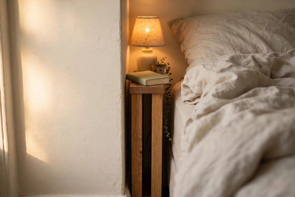 Narrow oak small bedroom side table squeezed between bed and wall with a warm glowing lamp