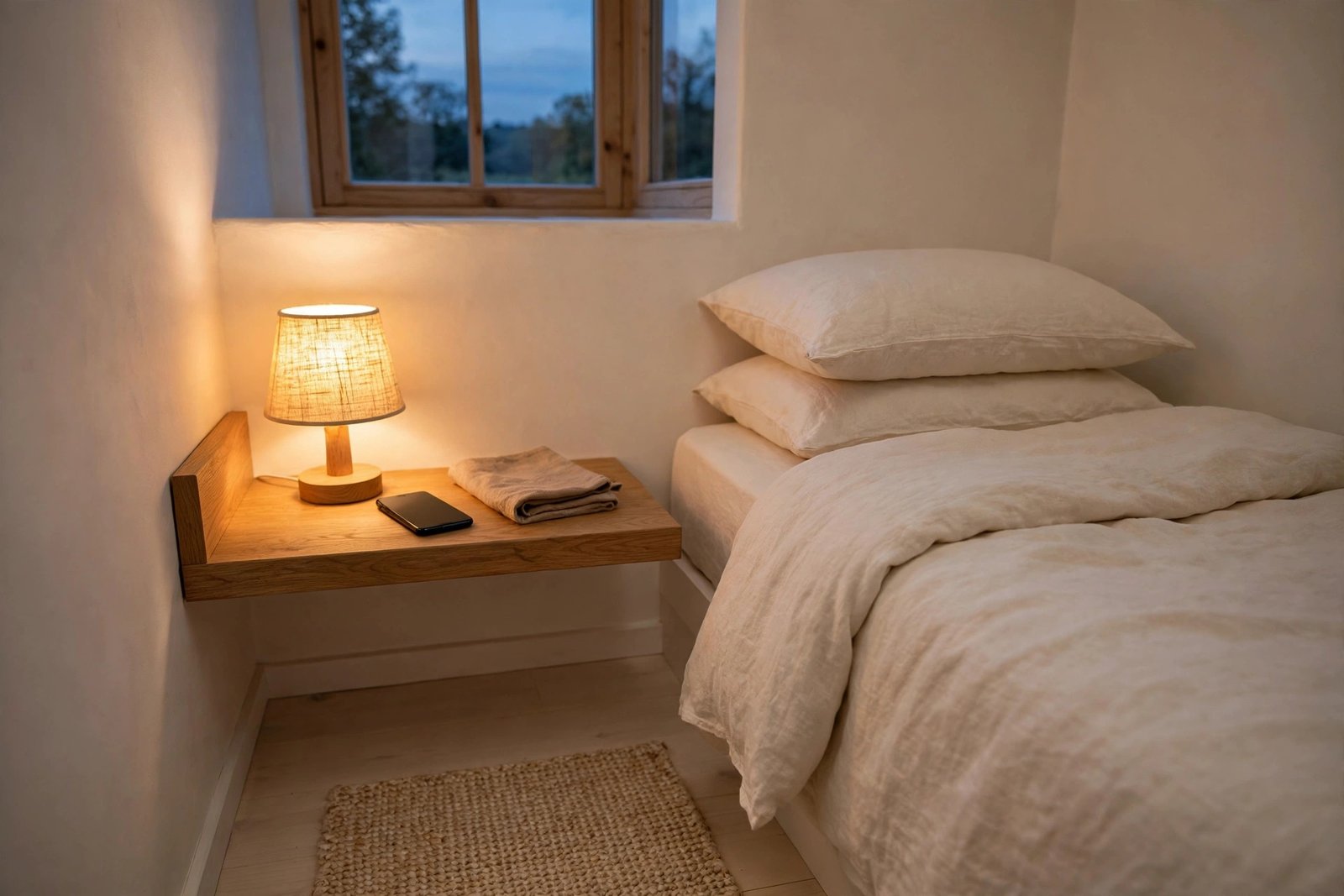 Floating bedside table shelf in a small bedroom keeping the floor space clear