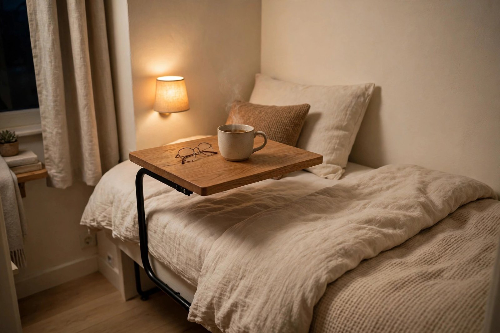 C-shaped small bedroom side table slid under the bed where there is no floor gap