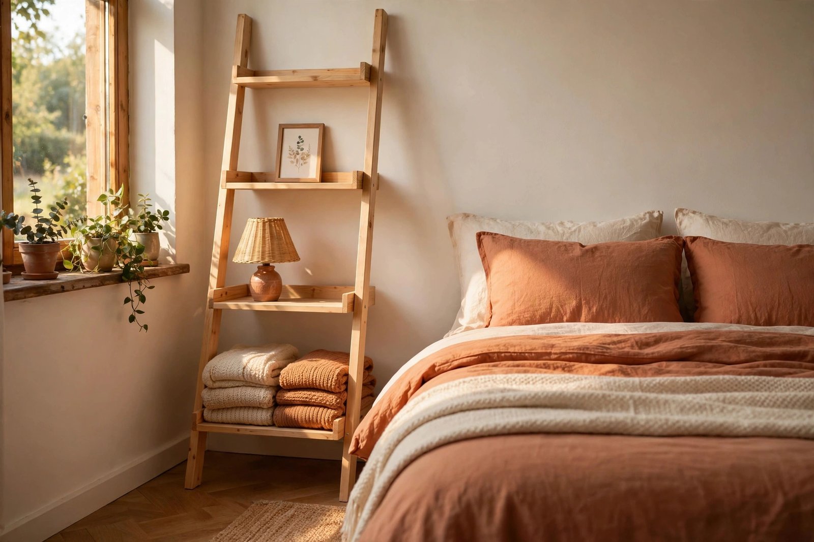 Renter-friendly leaning ladder shelf used as a no-drill bedside table in a small bedroom