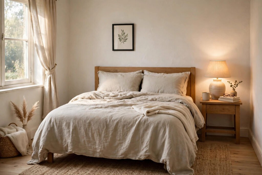 Small bedroom layout with bed centred on the longest wall and clear walkways