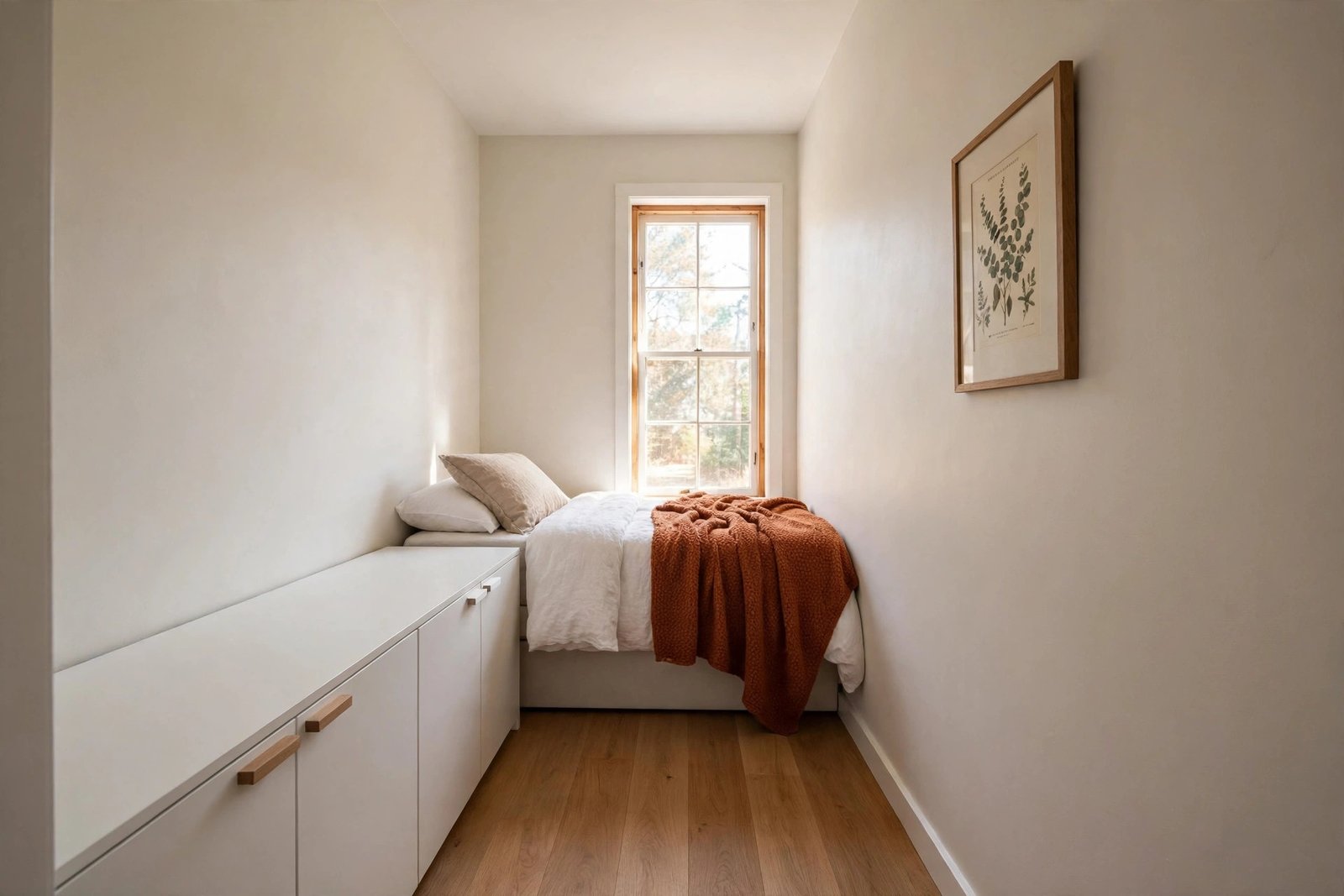 Small bedroom ideas for couples with centred bed and twin narrow wardrobes