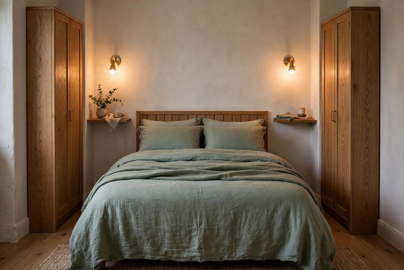 Narrow bedroom layout using vertical storage and 60 cm walkways