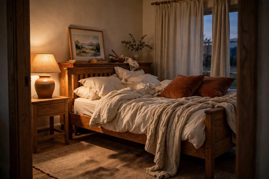 Warm aesthetic cozy bedroom at dusk with amber lamplight on cream linen bedding