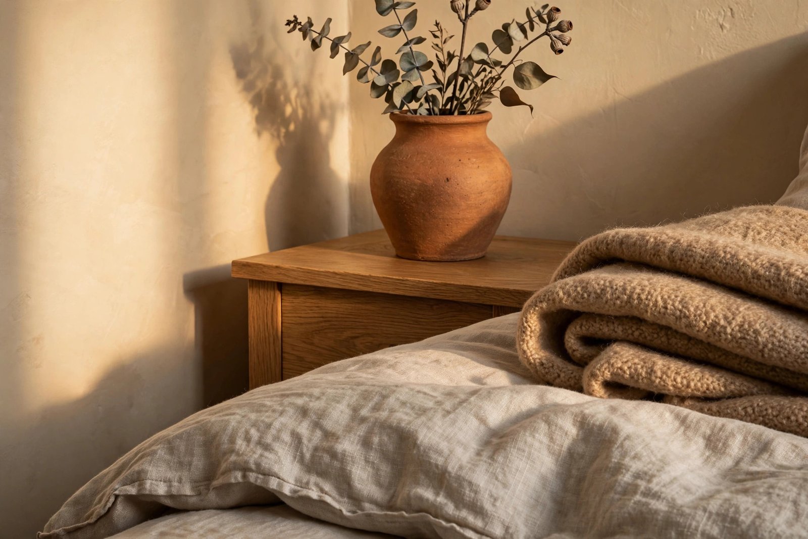 Warm bedroom color palette of cream, oatmeal, terracotta and deep brown textiles