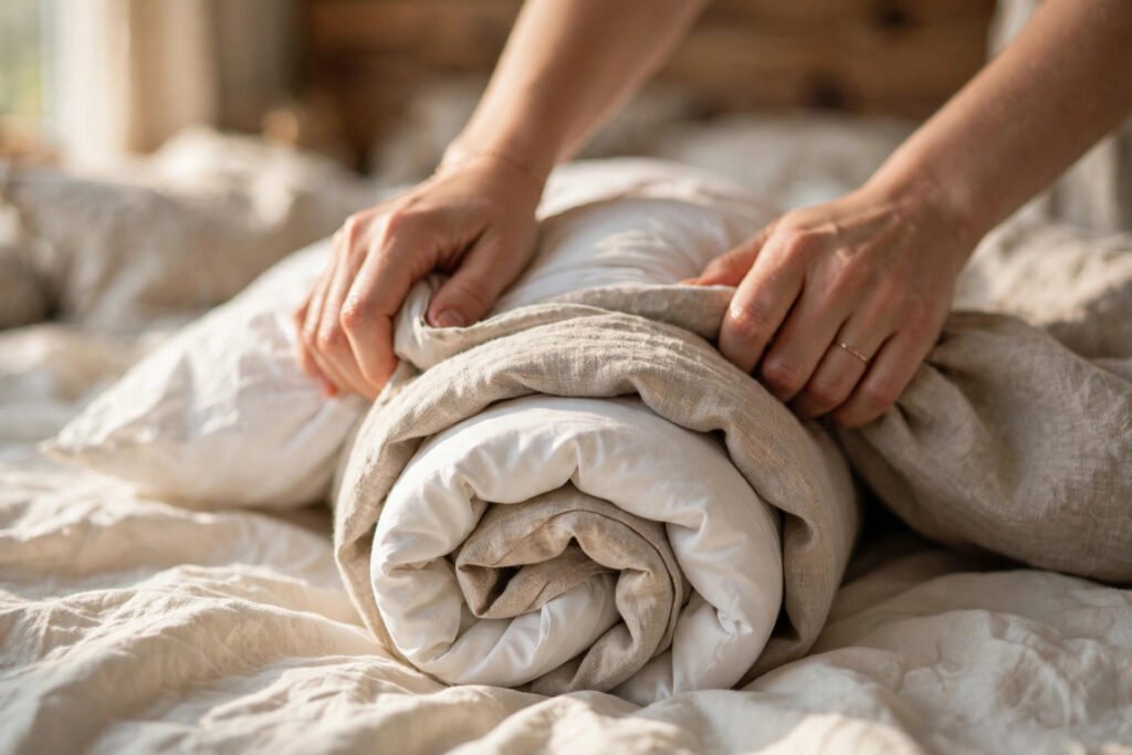 Hands rolling a duvet and duvet cover together using the burrito method on a bed