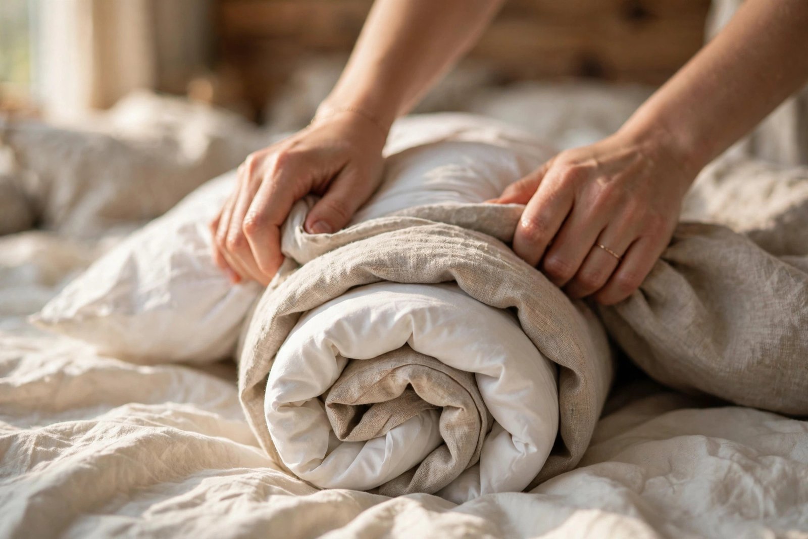 Hands rolling a duvet and duvet cover together using the burrito method on a bed