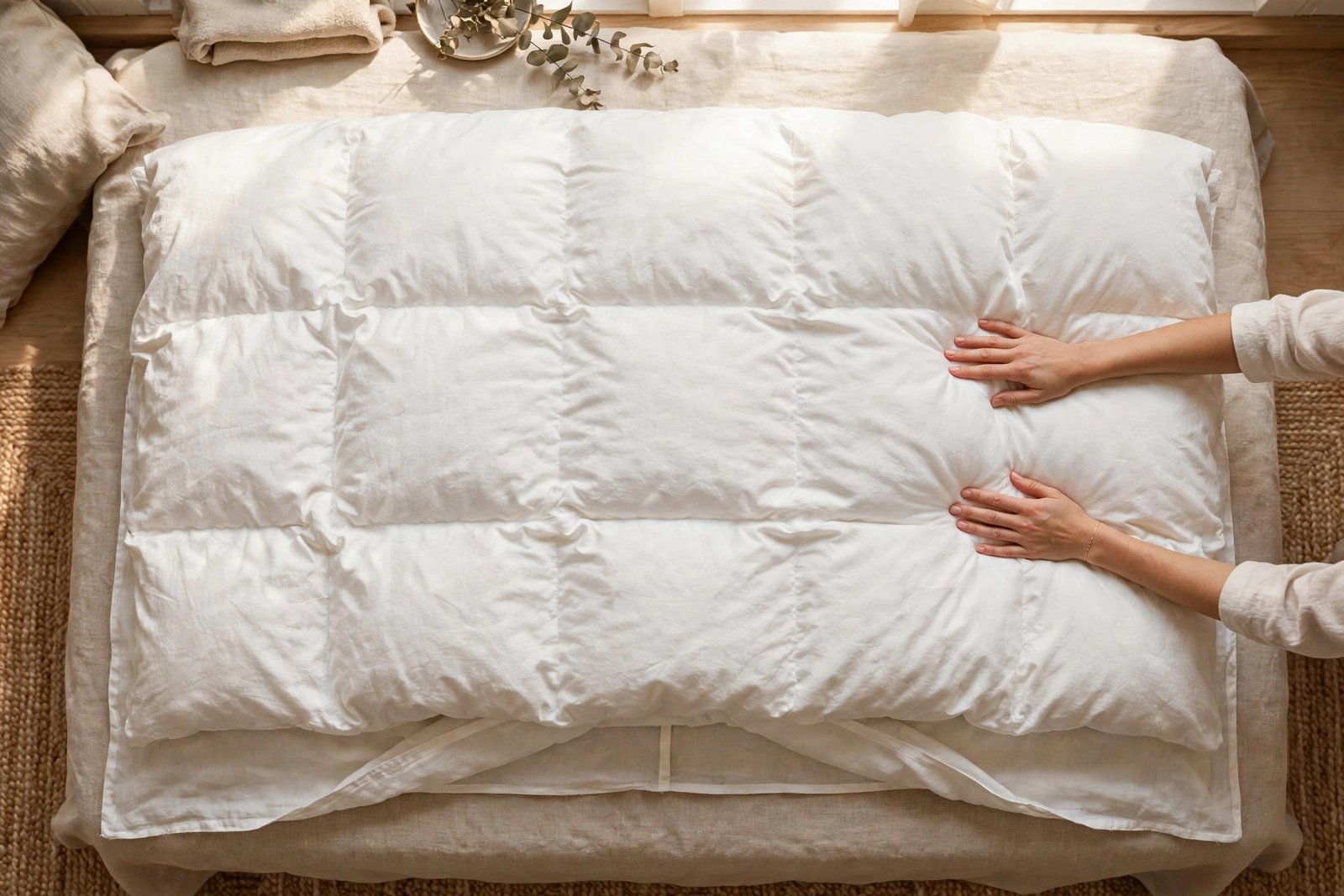 Inside-out duvet cover laid flat on a bed with the duvet aligned on top, ready for the burrito method