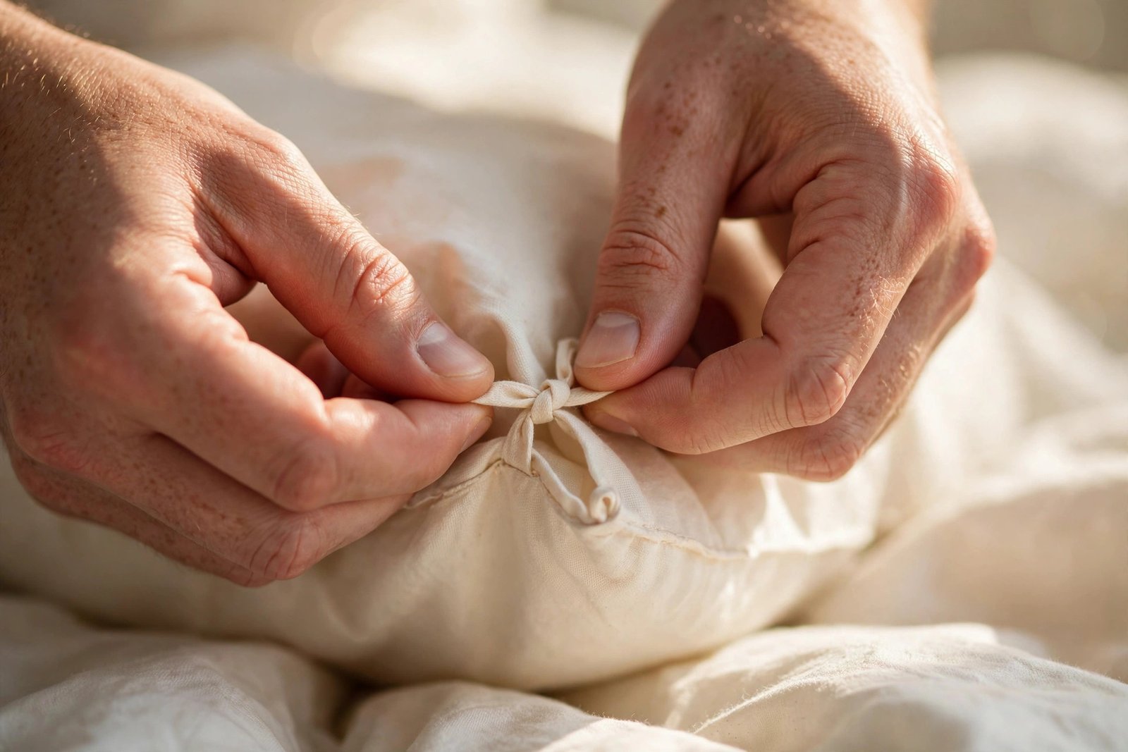 Close-up of hands tying duvet cover corner ties to stop the duvet slipping
