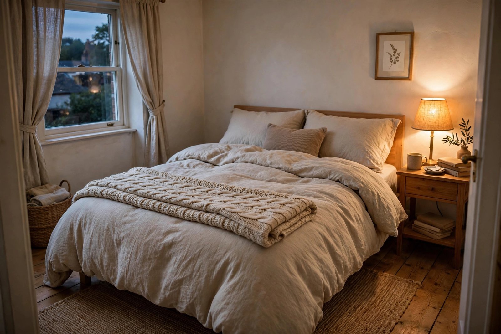 Finished cozy bed with a plump duvet cover and styled throw blanket in warm lamplight