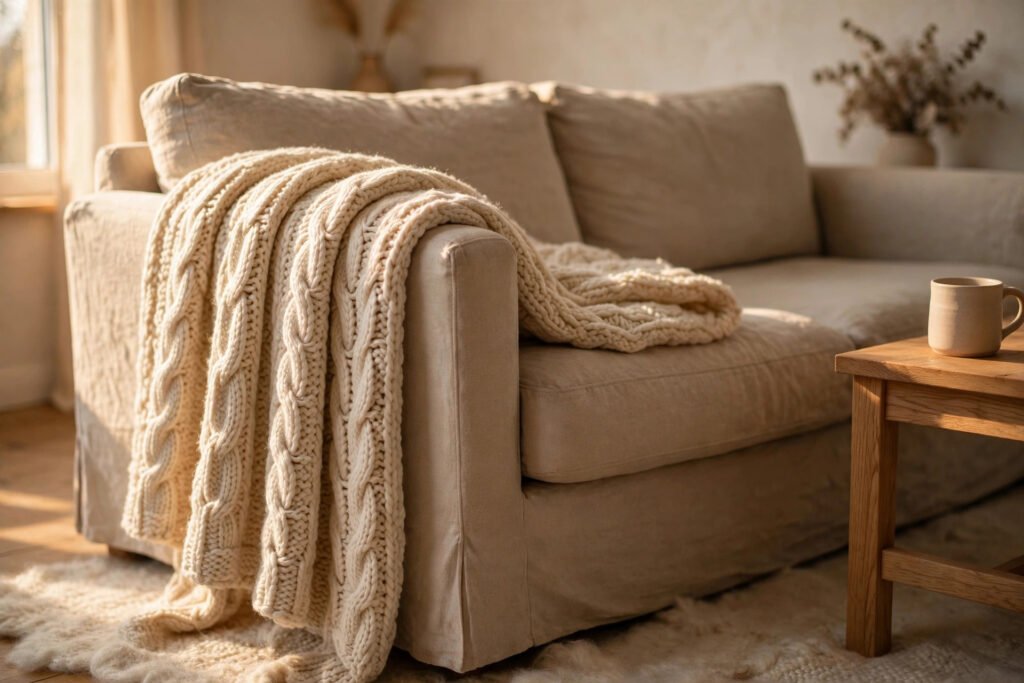 Chunky knit throw blanket folded in thirds draped over a beige linen sofa arm