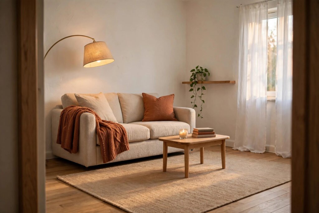 Small cozy living room with oatmeal loveseat, terracotta knit throw, warm floor lamp and layered beige rug