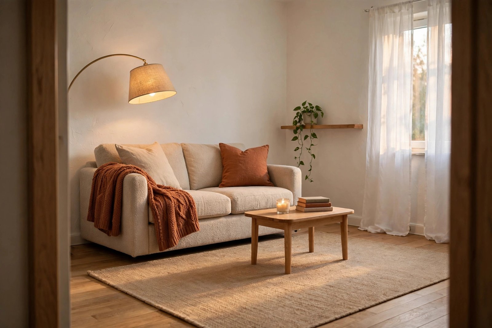 Small cozy living room with oatmeal loveseat, terracotta knit throw, warm floor lamp and layered beige rug