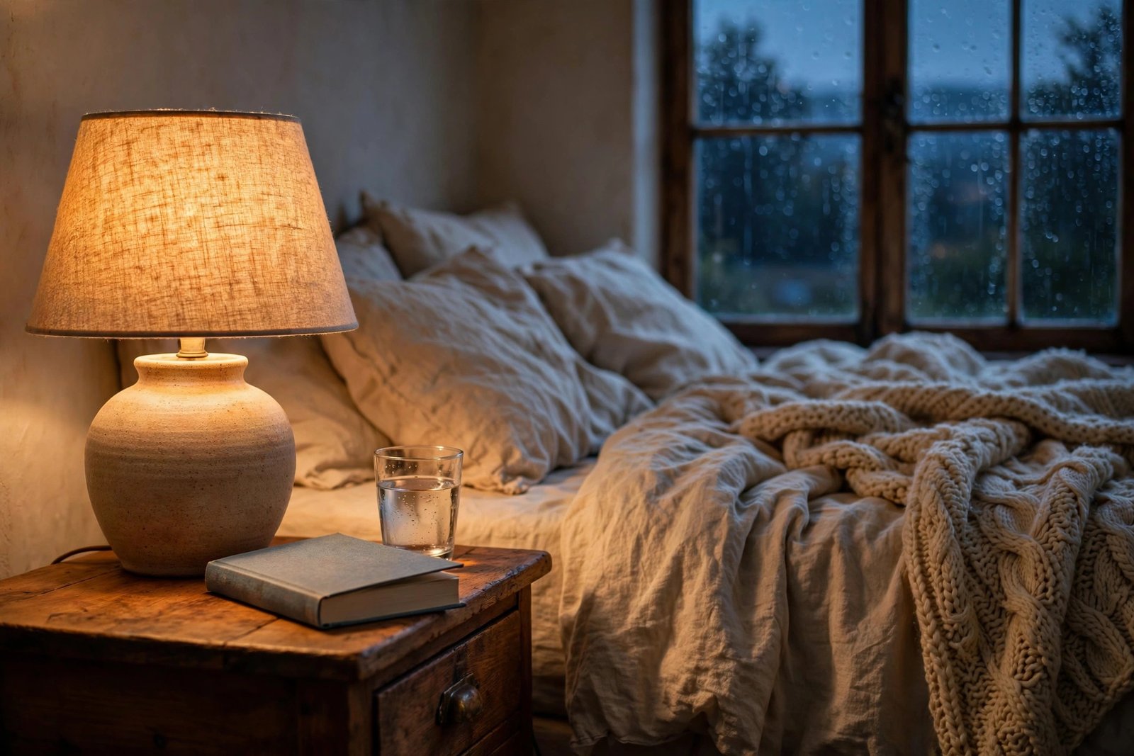 Bedside lamp glowing warm amber light in a cozy bedroom at dusk
