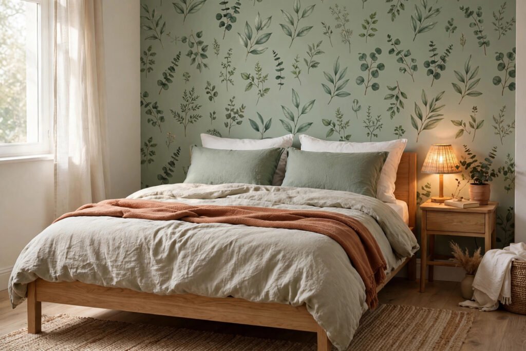 Renter friendly wall decor ideas — removable botanical wallpaper accent wall in a cozy small bedroom