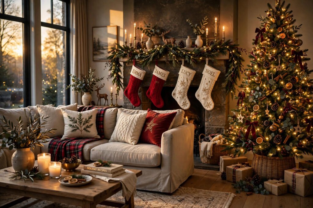 Christmas living room decor ideas with a glowing tree, garland mantel and cozy textiles