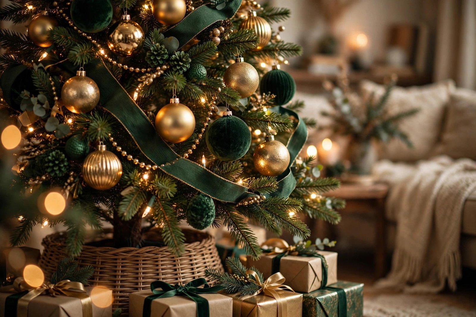 Christmas tree decorating ideas with layered ornaments, ribbon and warm lights