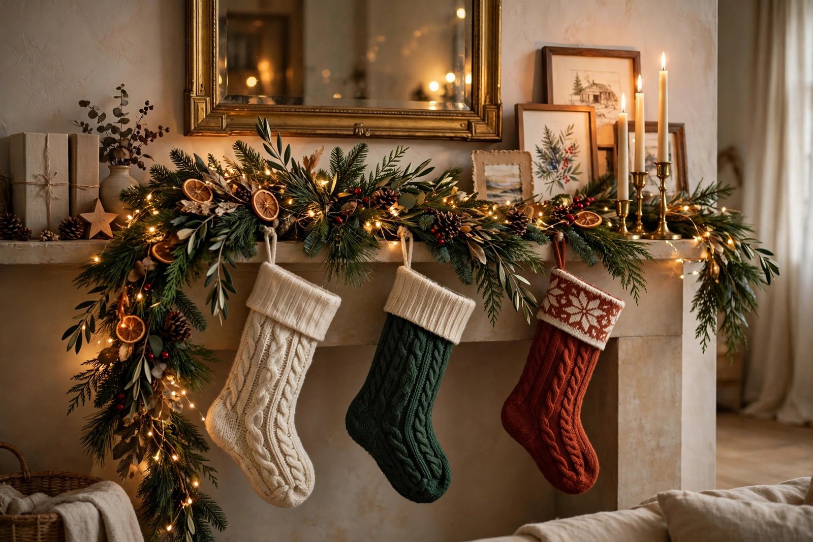 Christmas mantel decor with pine garland, stockings and candlelight