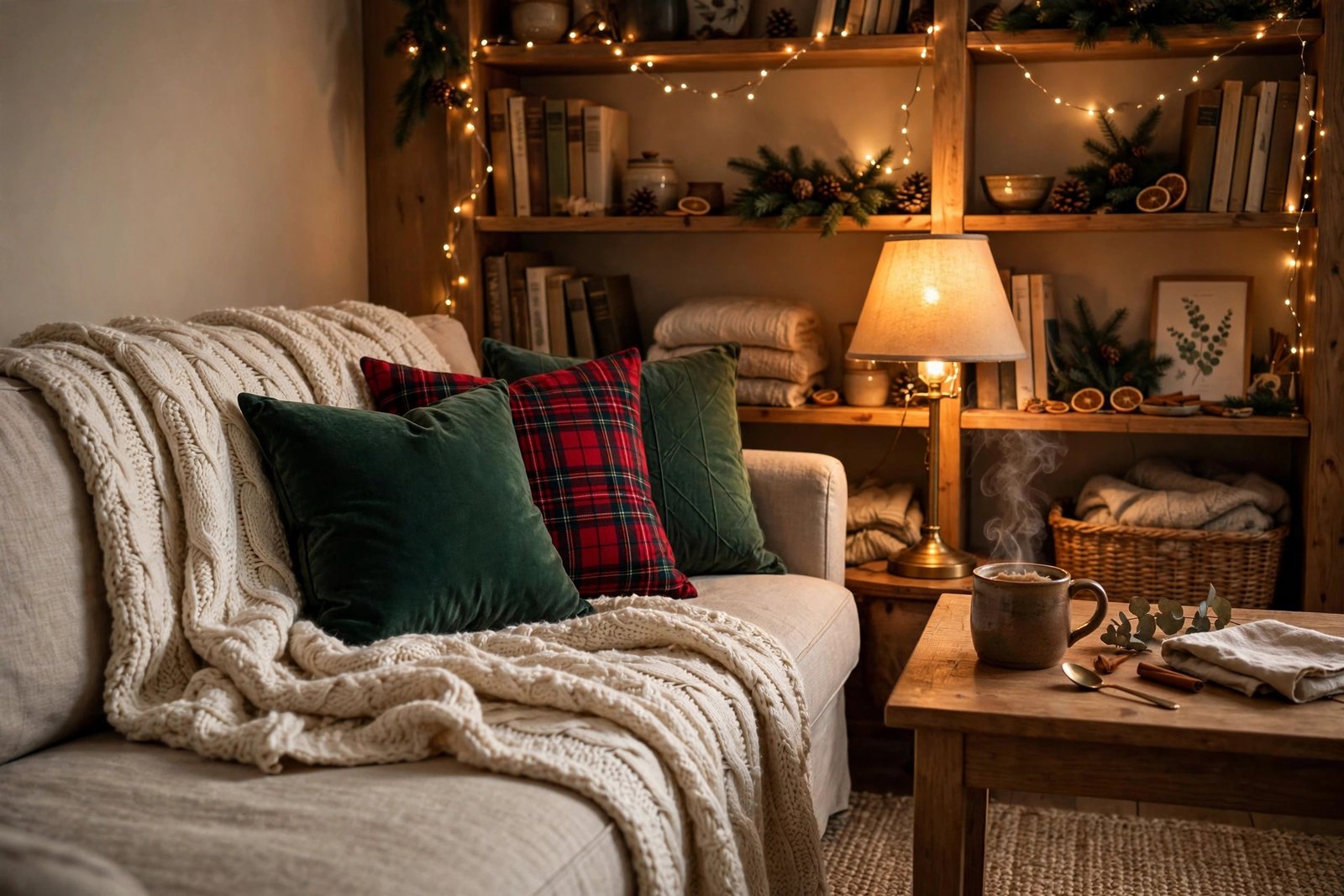 Cozy Christmas living room with layered throws, pillows and warm lighting