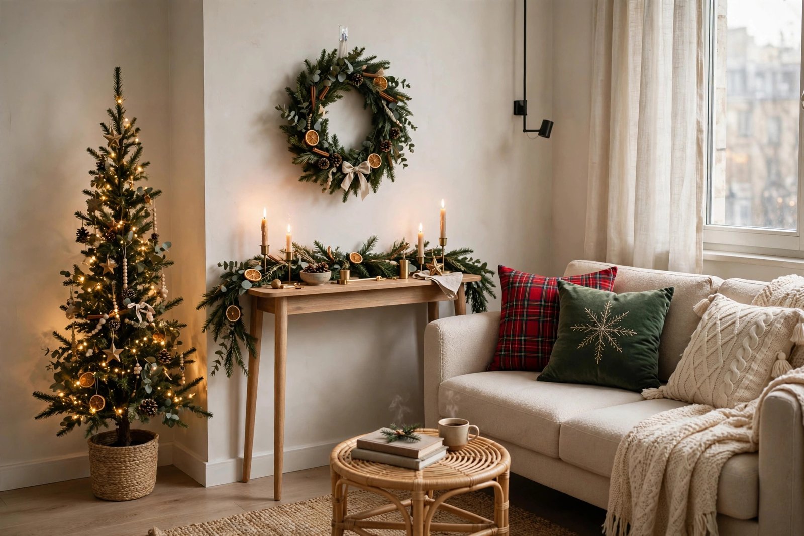 Christmas decor ideas for a small living room with a slim tree and styled console