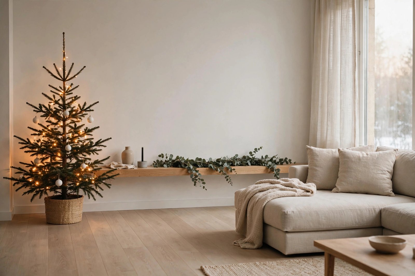 Minimalist Christmas living room decor with a simple tree and neutral tones