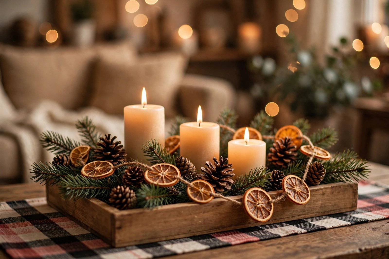 Christmas living room decor on a budget with foraged greenery and candles