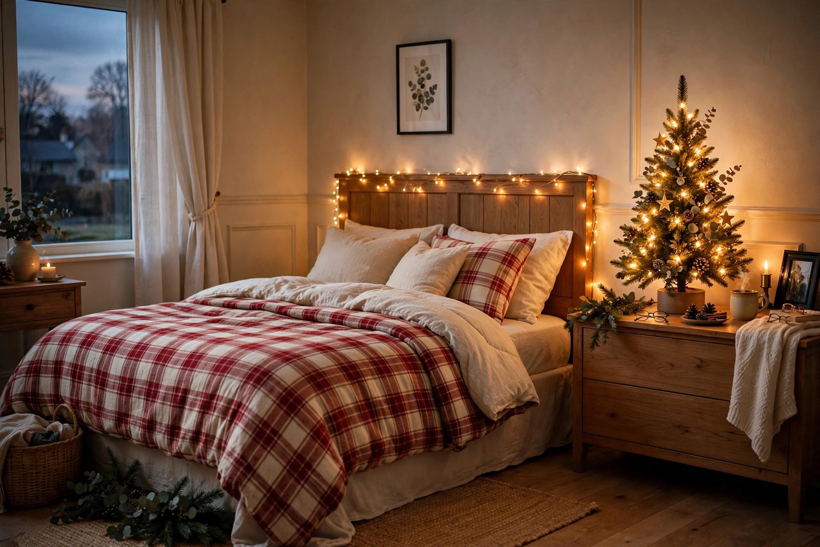 Cozy Christmas bedroom decor with a glowing tabletop tree, plaid bedding and fairy lights