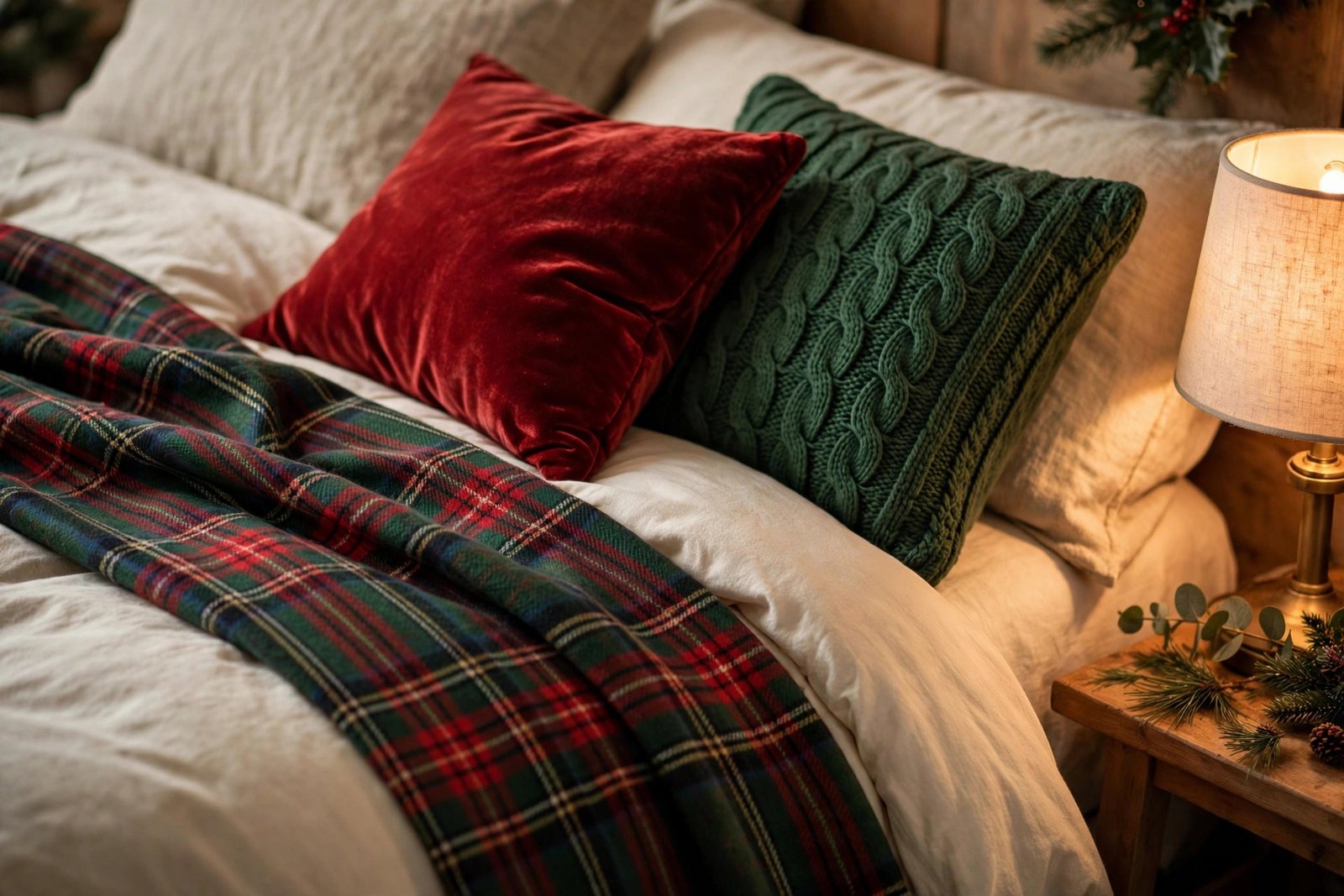 Layered Christmas bedding ideas with a tartan throw, velvet cushions and warm lamplight