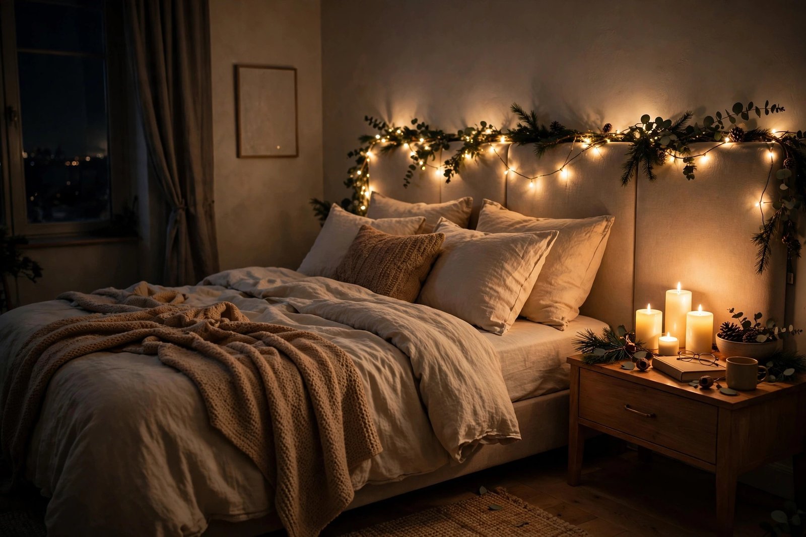 Christmas bedroom lighting with warm fairy lights and candles glowing at night