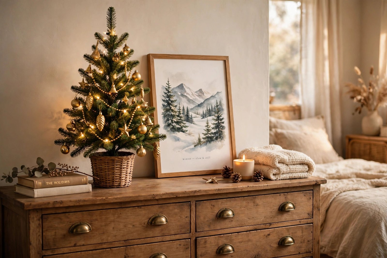 Small Christmas tree in a bedroom on a dresser with gold ornaments and warm lights