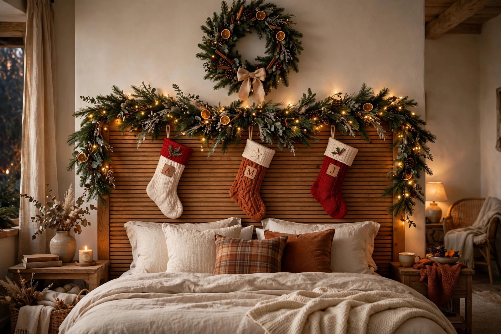 Christmas bedroom decorations: garland over the headboard with stockings and fairy lights