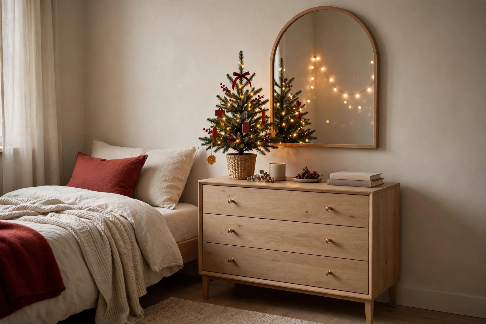 Small Christmas bedroom decor with a tabletop tree and fairy lights reflected in a mirror