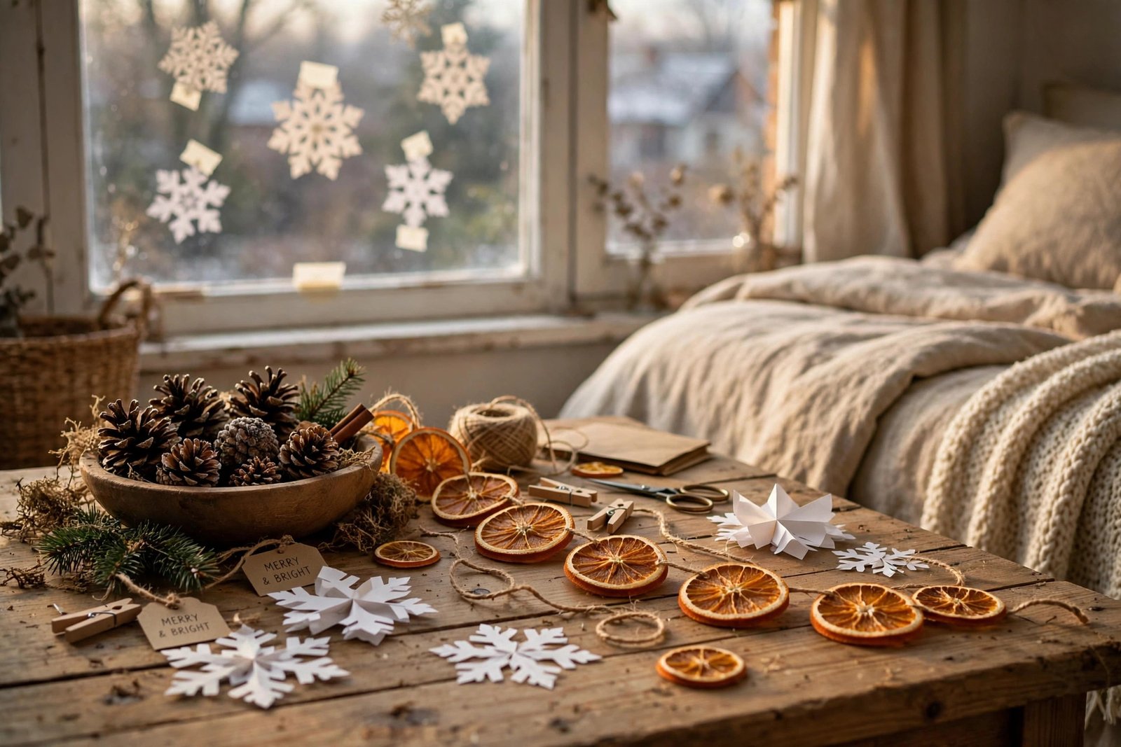Budget Christmas bedroom decor ideas with pinecones, dried orange garland and paper snowflakes