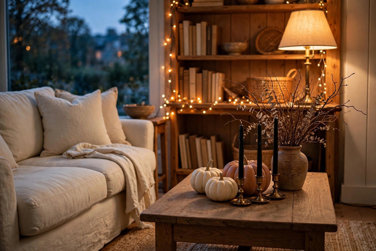 Cozy living room styled with classy Halloween home decor and cream pumpkins